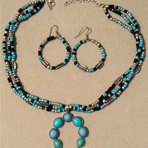 Turquoise and Silver Beaded Necklace and Earring Set